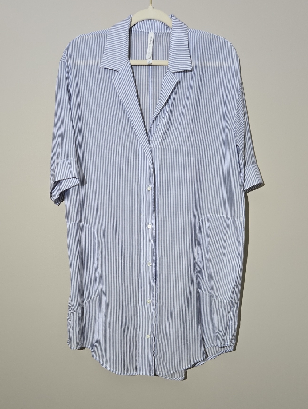 Babaton Blue and White Striped Short-Sleeve Button-Down Shirt Swim Coverup Tunic